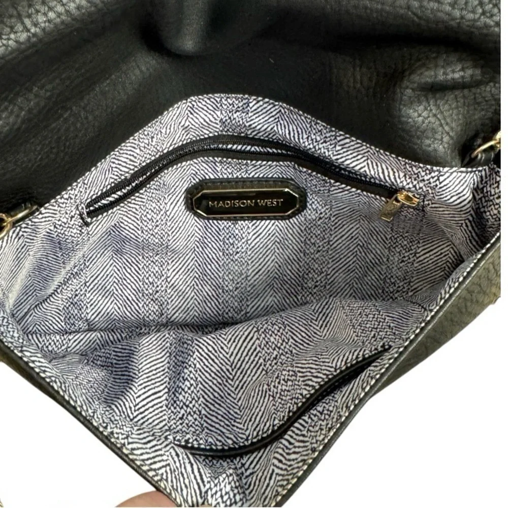 Madison West Stud Accent Fold-Over Clutch Crossbody Black with Gold Hardware